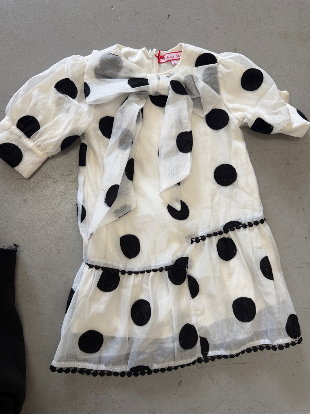 Melange White Dress with Black Polka Dots and Bow
